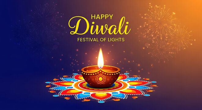 Happy diwali festival of lights greeting card with a lit diya lamp on a colorful rangoli pattern background with fireworks