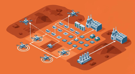 Futuristic automated drone delivery system operating on a Mars colony with industrial facilities. © Sego