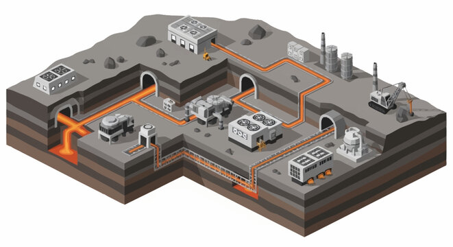 Geothermal energy plant illustration showing underground heat extraction and power generation facilities.
