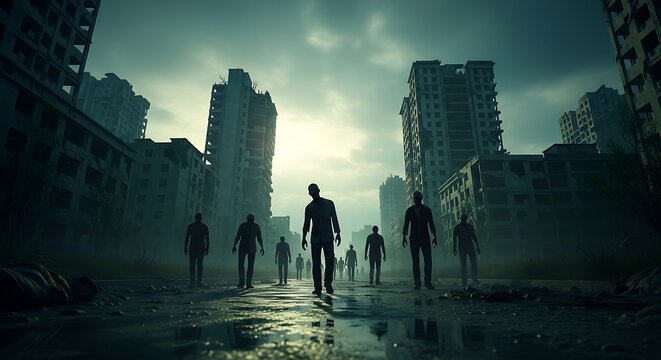 Undead figures walk toward viewer in a ruined city under a cloudy, apocalyptic sky