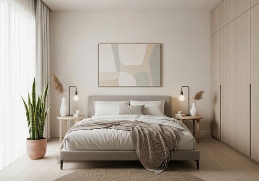 A large bed sitting in a bedroom next to a potted plant