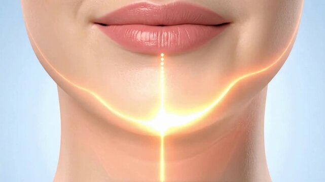 Close-up of a woman's lower face highlighting the jawline with a glowing outline, suggesting skincare or cosmetic treatment. lift up video
