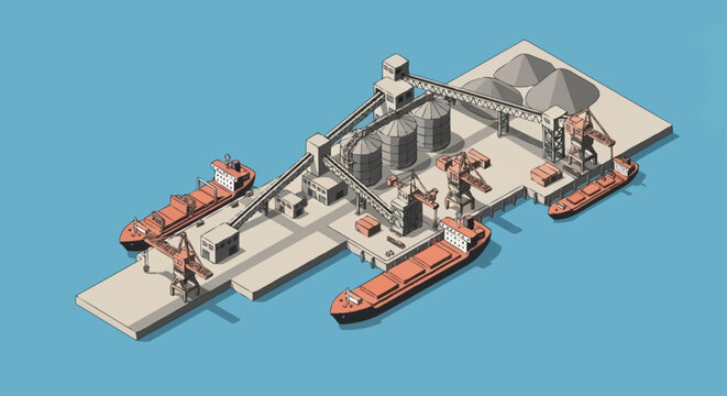 Industrial port with cargo ships, cranes, and silos for bulk material handling.