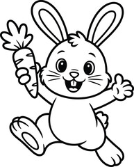Fototapeta premium Cute cartoon bunny holding a carrot, black and white line