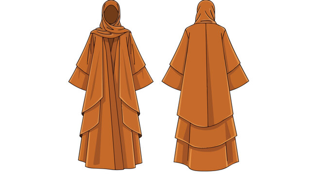Modest fashion design illustration featuring a layered outer garment and head covering for women, depicted from both front and rear perspectives on