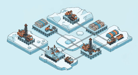 Isometric illustration of an arctic industrial complex with drilling rigs and transport vehicles. © Sego