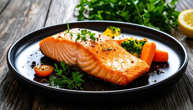 A plate of grilled salmon with vegetables on a wooden table