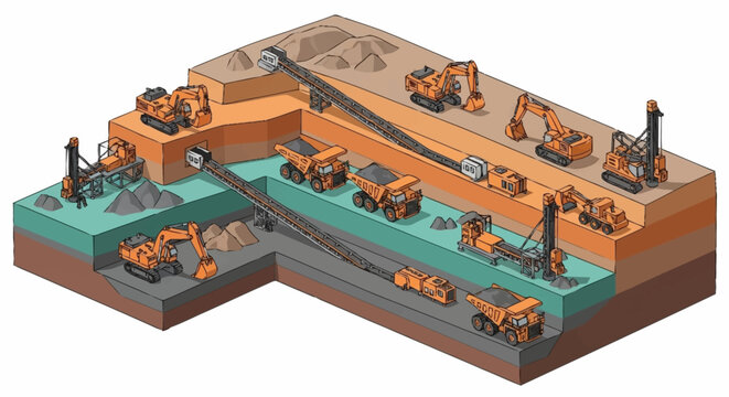 Illustration of mining operations with heavy machinery and underground tunnels.