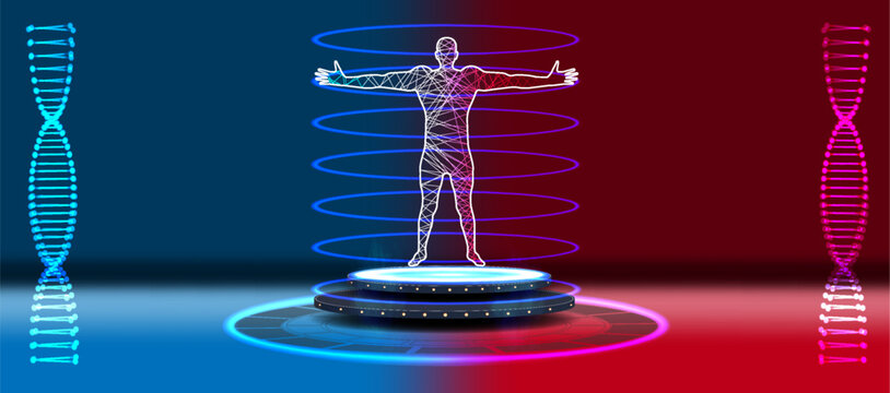 Human body wireframe on glowing platform undergoing futuristic scan. DNA helixes frame scene against split red blue background. Concept for genetics, medicine, science technology. Neon lighting