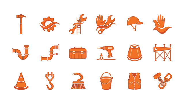 Essential Tool Icons: An assortment of construction and industrial tools are artfully arranged, each icon a testament to craftsmanship and the building trades.