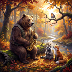 Fototapeta premium A bear sits on a log in a forest, playing a saxophone for its forest friends in the autumn woods