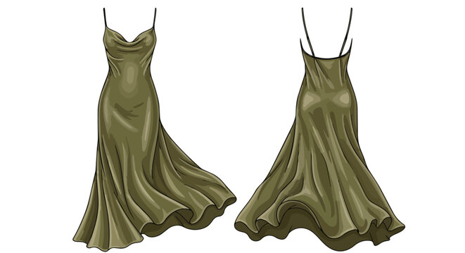 Elegant green slip dress illustration, showing front and back. Features a cowl neck, thin straps, and a long, flowing silhouette, ideal for apparel