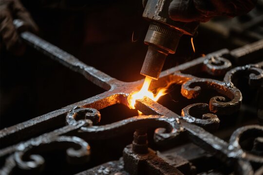 Close-up of metal being welded with a torch, creating bright sparks on an ornate ironwork design