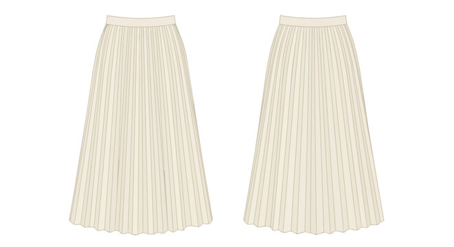 Technical fashion flat drawing showing a women's long pleated skirt in light cream, with detailed front and back views for apparel design and