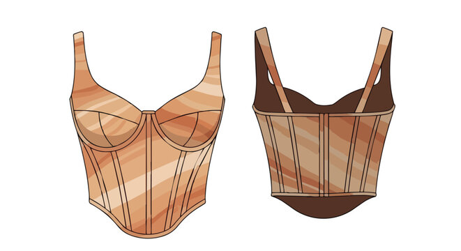 Elegant fashion flat sketch of a modern structured corset top with earthy tones and intricate details