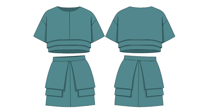 Conceptual fashion flat sketch showcasing a contemporary two-piece women's ensemble with layered top and pleated skirt design, front and back views