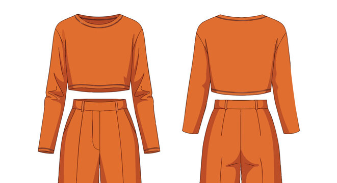 Vibrant orange two-piece outfit design with long-sleeve crop top and wide-leg pants fashion flat vector illustration