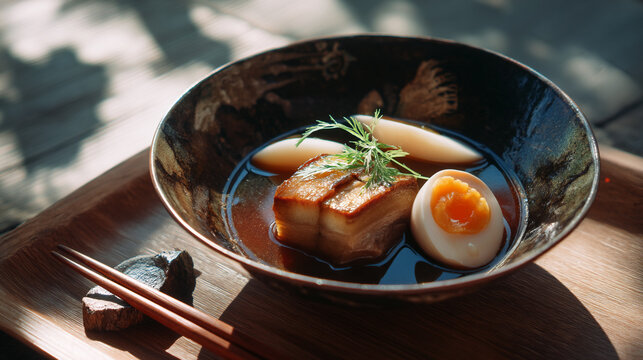 Authentic japanese braised pork belly with daikon radish and boiled egg, served