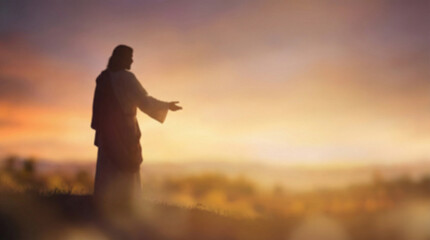 Fototapeta premium Artistic silhouette of a figure with outstretched arms against a vibrant sunset sky, surrounded by soft, blurred landscape elements. Biblical scenes, suitable for religious content, Easter concept