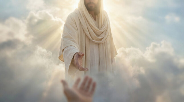 Figure of Jesus in white robe reaches out from clouds, with a hand extended towards a person's hand below in a heavenly setting. Biblical scenes, suitable for religious content, Easter concept