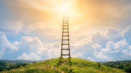 Fototapeta premium Wooden ladder rising through clouds into golden sunlight from green hill career growth aspiration concept