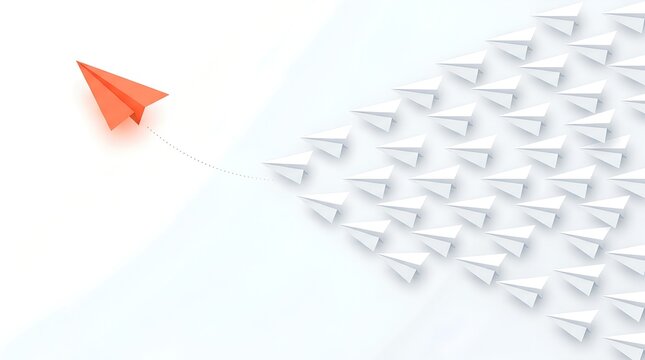 One coral paper airplane breaking from formation leadership innovation divergent thinking business concept