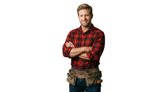 Confident craftsman in plaid shirt and tool belt