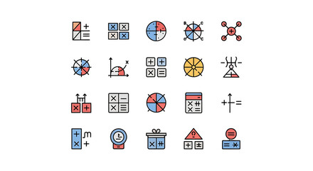 Fototapeta premium Collection of colorful mathematical and scientific icons for various applications.