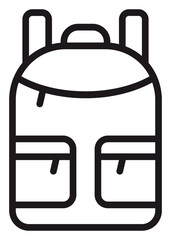 Black line vector icon of a backpack or rucksack for school, travel, and hiking. Minimalist outline illustration of a knapsack with pockets and straps, isolated on a white background symbol. © Usman