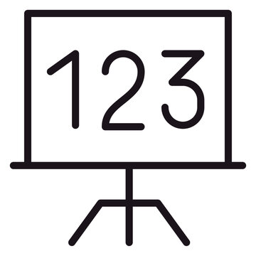 Minimalist black line vector icon illustration of a presentation easel board with the numbers 123, symbolizing basic education, counting, elementary mathematics, and school teaching concepts.