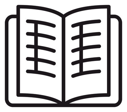 Open book vector icon illustration, minimalist black line art symbol of a notebook or textbook for education, learning, reading, and study, isolated on a white background for graphic design.