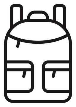 Black line vector icon of a backpack or rucksack for school, travel, and hiking. Minimalist outline illustration of a knapsack with pockets and straps, isolated on a white background symbol.