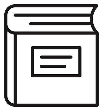 Black line art vector icon of a closed book with a label on the front cover, symbolizing education, reading, knowledge, and literature. Minimalist scalable graphic illustration for web design.