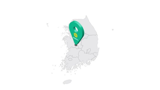 Location Daejeon is metropolitan city on map South Korea. 3d Daejeon emblem map marker location pin. Map of South Korea showing different parts. 4K.  Animated Video