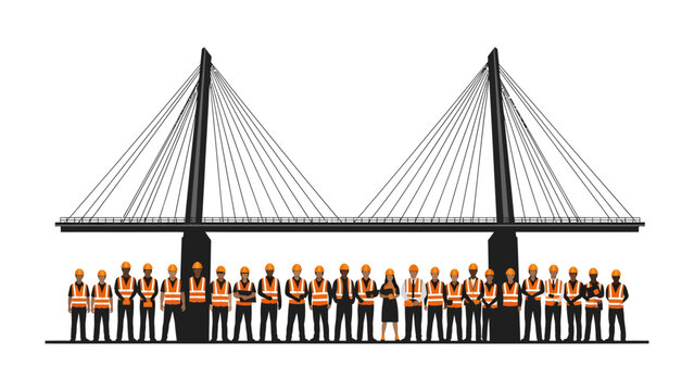 Teamwork Under the Bridge: A dedicated team of construction workers stands proudly beneath a magnificent bridge, their collective effort symbolizing progress and engineering prowess.