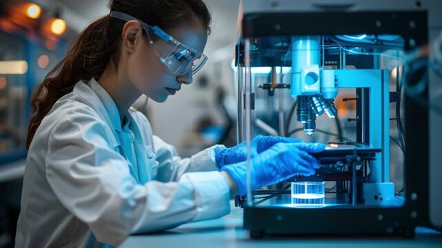 Researcher clad in lab coat and protective gear uses high-tech microscope to examine microscopic samples in bright, well-equipped laboratory, conducting precise analysis for in-depth research purposes