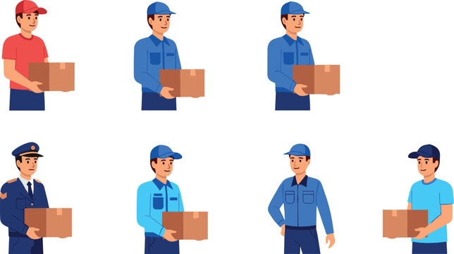 Delivery service workers vector set with couriers holding packages logistics staff uniform characters illustration collection