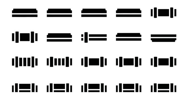 Industrial barcode, label, and symbol vector icons set, black on white background, 20 graphics