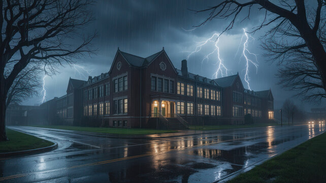 Spooky haunted school building during lightning storm, eerie red brick academy at night, cinematic dark academia architecture in heavy rain isolated PNG with Transparent Background
