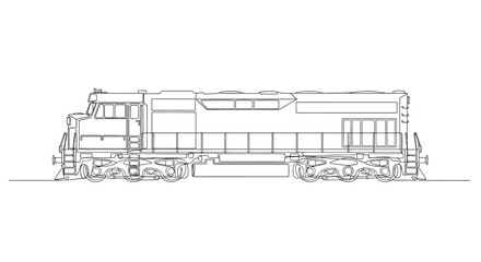 Detailed line drawing of a modern diesel locomotive from a side view © Sendal