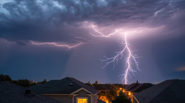 Dramatic lightning bolt striking over residential neighborhood, powerful electrical storm in purple night sky, suburban thunderstorm with bright flash isolated PNG with Transparent Background