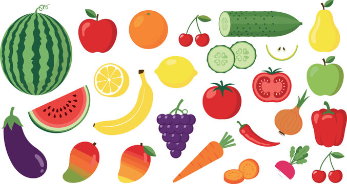 Assorted colorful fruits and vegetables vector illustration set with watermelon apple banana carrot cucumber and fresh organic food icons