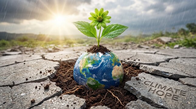 Earth with green plant sprouting from cracked dry ground with climate hope message