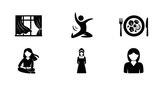 Minimalist silhouette icons of daily life activities and objects
