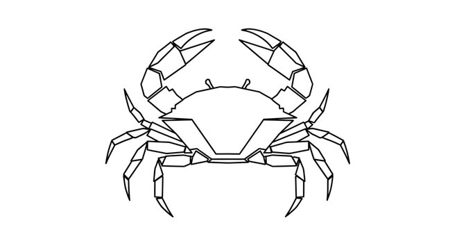 Geometric black outline of a crab with raised claws and multiple legs on a white background