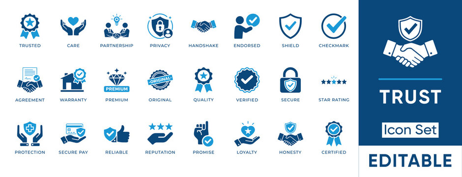 Trust icon set. Containing handshake, shield, checkmark, warranty, premium, verified, protection and more. Solid vector icons collection.