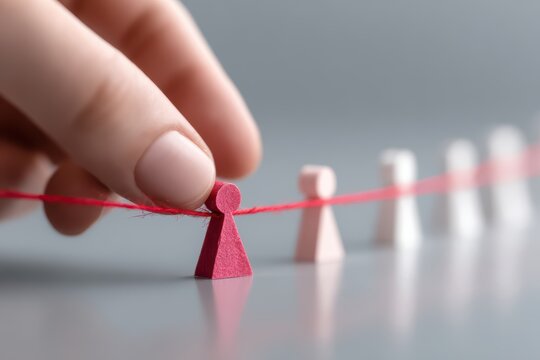 Strategic Intervention: A hand meticulously manipulates a single game piece connected to others by a red thread, illustrating a strategic move within a complex system of interconnected components.