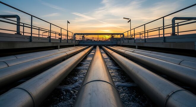 Parallel metal pipes over water under sunset, with walkways and handrails. Industrial site