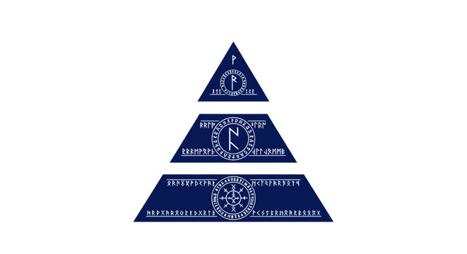 Pyramid shaped logo with symbols.