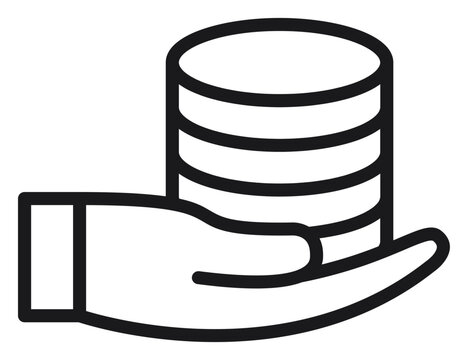 Minimalist black vector icon of a human hand holding a stack of coins, symbolizing finance, savings, investment, wealth management, and banking. Clean line art illustration for business concepts.